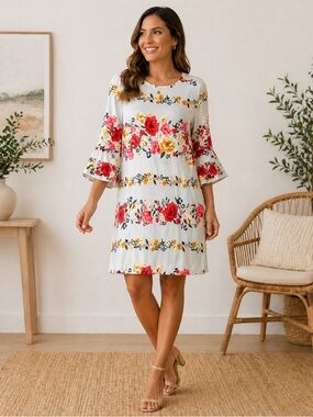 Old Navy Light Blue/Gray Floral Shift Dress with Red Pink and Yellow Blooms